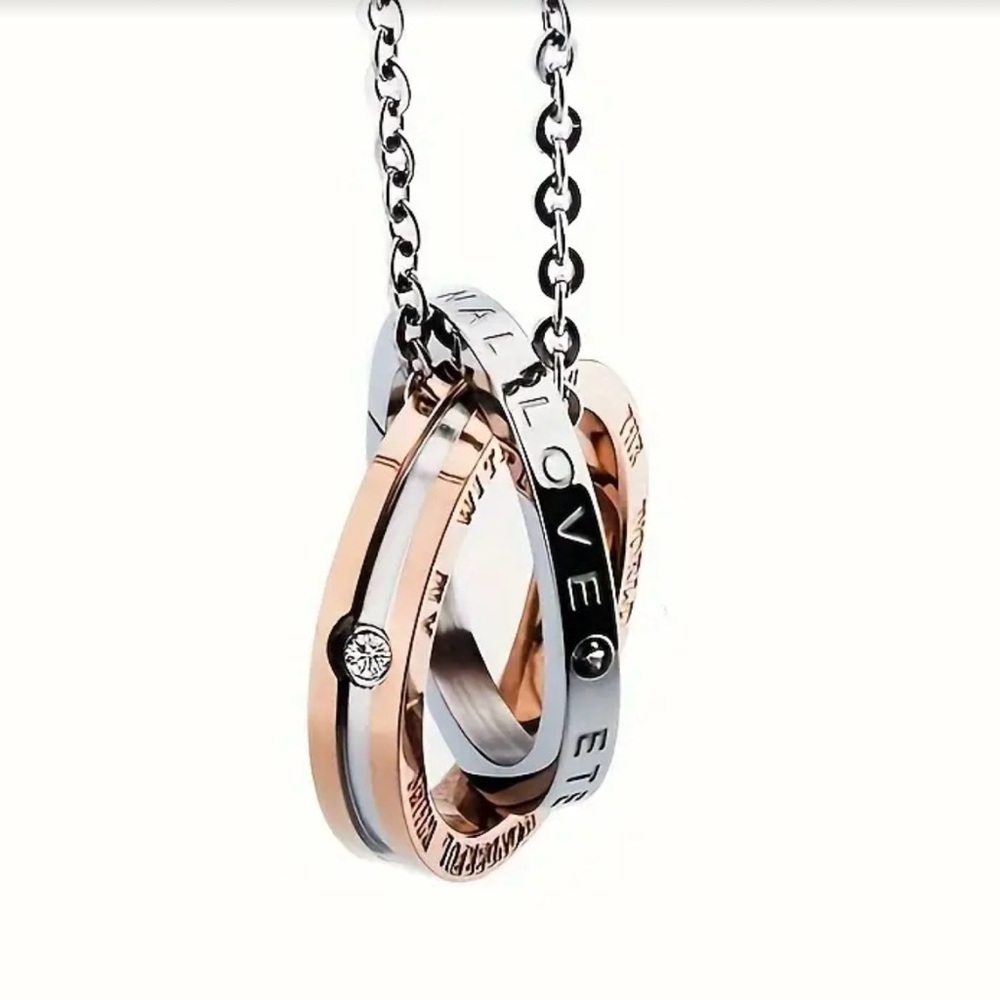 New Titanium over Stainless Steel Pendant, Silver and Gold Interlocking Necklace - Picture 4 of 10